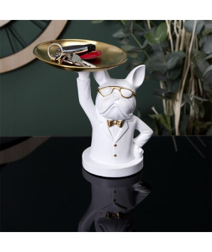 SCULPTURE DECO BULLDOG BLANC VIDE POCHE 23CM M4