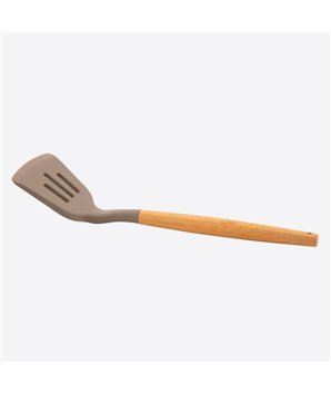 SPATULE À TROUS EN SILICONE AVEC POIGNÉE EN BAMBOU TAUPE 32CM