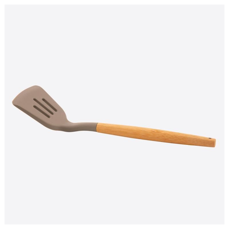 SPATULE À TROUS EN SILICONE AVEC POIGNÉE EN BAMBOU TAUPE 32CM